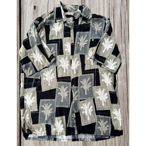 Hollis River Button Up Shirt Mens L Gray Black Palm Tree Patchwork Casual Aloha